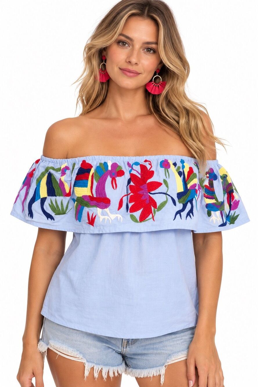 BuddyLove Blue Embroidered Off Shoulder Ruffle Top Size XS